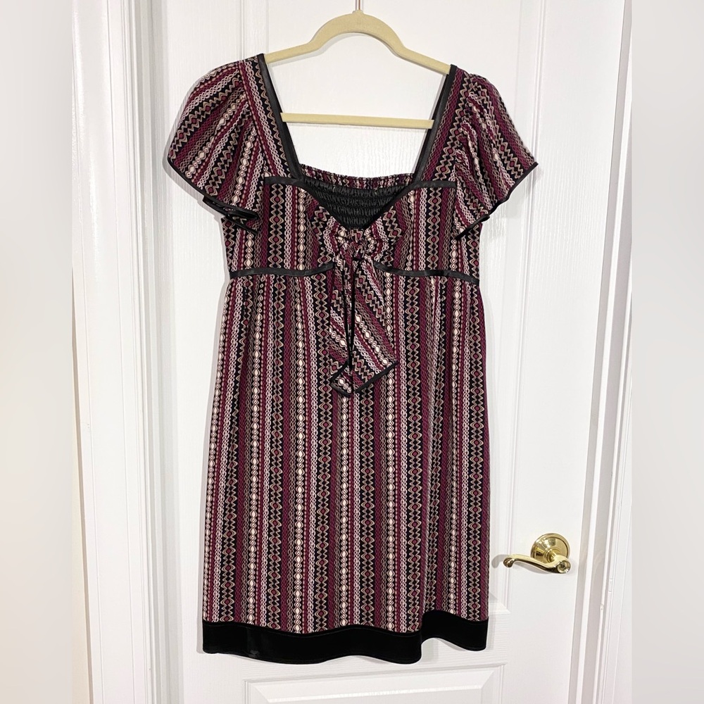 Vintage Tahari ASL SILK Tie Front Smocked Back Ribbon Trim Flutter Sleeve Dress